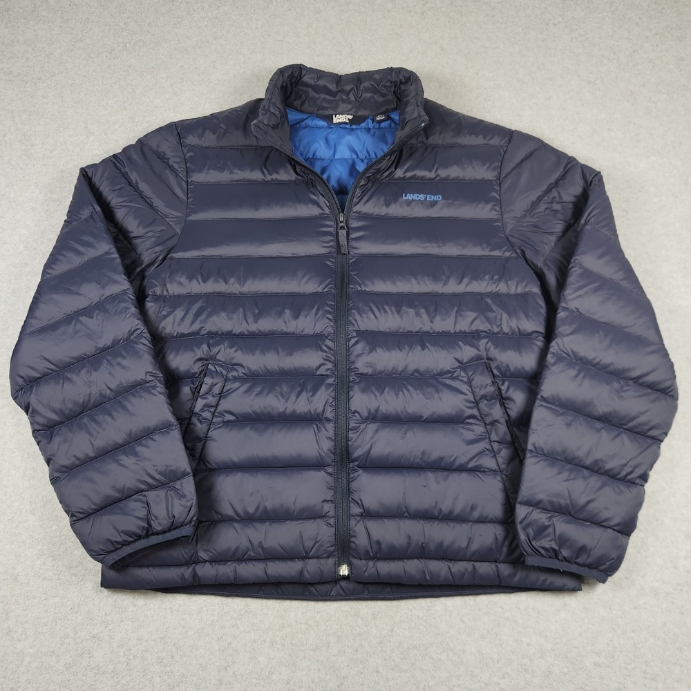 Lands End Down Puffer Jacket Mens Medium Blue Navy Warm Outdoor Active Hiking